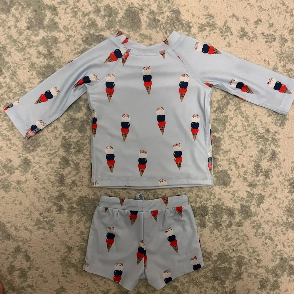 NWT SIIX Spearmint Love Ice Cream Patriotic Rash Guard Swim Trunks Set UPF 50+